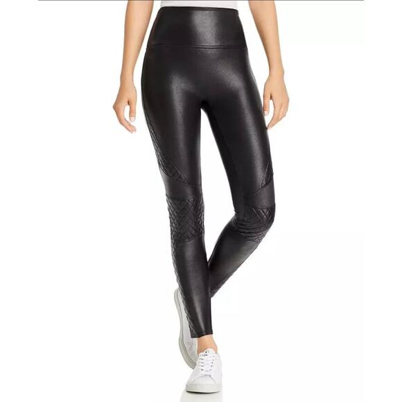 Spanx Faux Leather Leggings Medium Quilted Moto Liquid Look High Rise Shaping - Picture 1 of 13